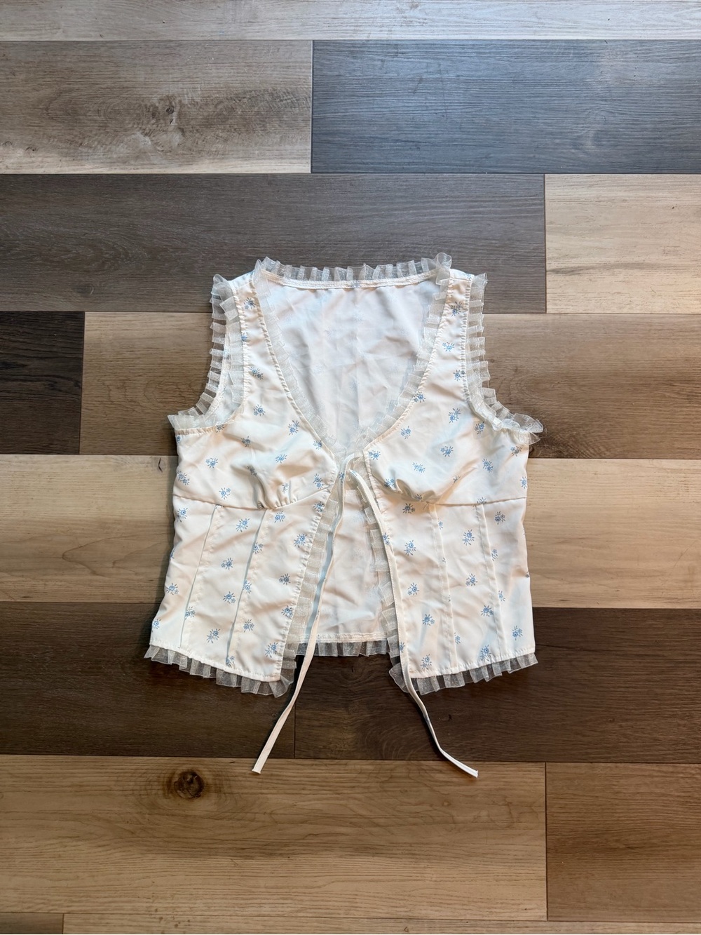 Cream Floral Tie-Front Camisole with Blue Flowers & Mesh Details All Around